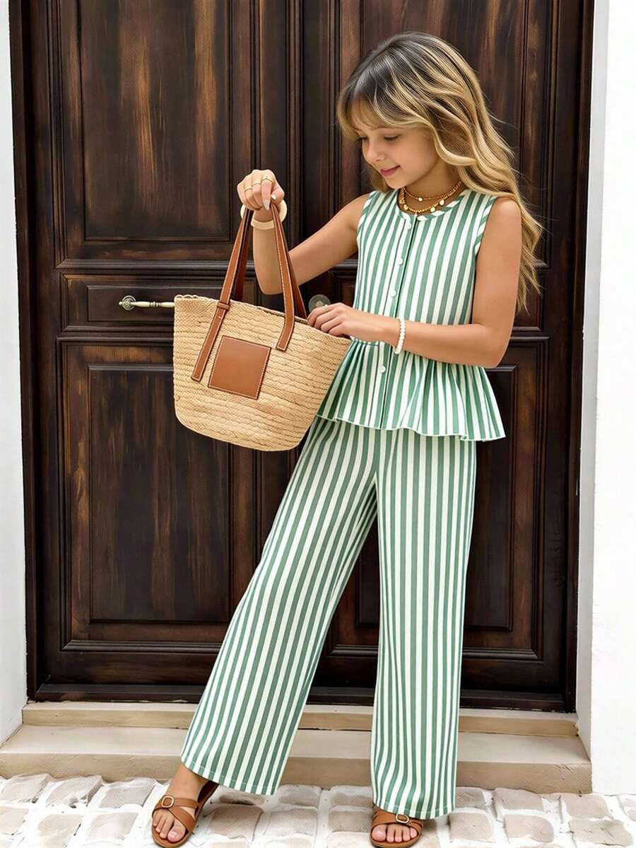 SHEIN 2 piezas Conjunto de niña preadolescente con camisa sin mangas con botones de lazo y pantalones alargados - Multicolor - Ver 1