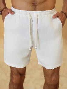 VENTUSAIL 男士休閒素色短褲，夏季度假百搭 - 白色 - View 6