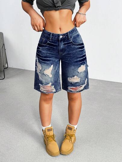 Jeanoix Plus Size Contrast Color Distressed Slant Pocket Loose Casual Denim Shorts