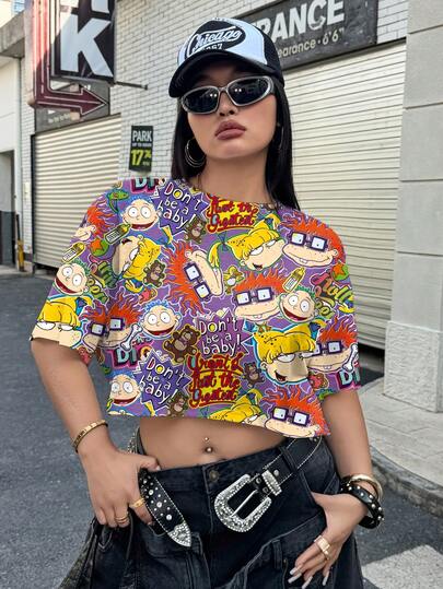 Nick 90s | SHEIN Plus Size Women's Cartoon Print Short Sleeve T-Shirt, Nick 90s