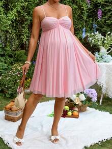 Lyckli Elegant Solid Color Maternity Sleeveless Dress For Summer - Pink - View 5