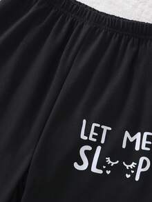 3pcs Girls Casual Comfortable Black Sleepwear Set With Slogan Graphic Short Sleeve Top, Shorts And Pants - Black - View 7