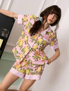 Bộ đồ ngủ nữ tay ngắn, họa tiết chanh nhiệt đới, phối sọc tương phản, thích hợp cho kỳ nghỉ. - Nhiều màu - Xem 1