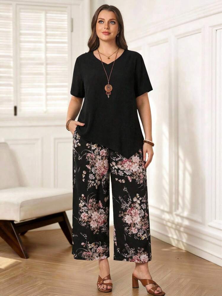 Plus Size Asymmetrical Hem Short Sleeve Top And Floral Print Pants 2 Pieces Set, Spring/Summer,Summer Outfits For Women,Holiday Outfits Boho,Flower/Vacation