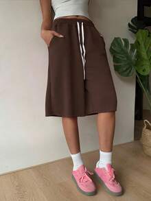 SHEIN EZwear Bermudas sueltas de unicolor con cordón en la cintura para mujer talla grande, de uso casual, deportivo y diario - Café integral - Ver 4