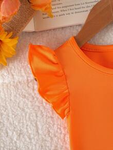 SHEIN Playful Pals 2件組女嬰0-3歲橘色夏季可愛度假休閒優雅外出裝 蝴蝶結喇叭袖上衣收腰花卉印花短褲套裝 - 橘色 - 查看 4