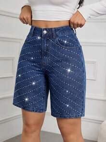 SHEIN Tall Summer TALL Women's Party, Leisure, Holiday, Vacation Sparkling Rhinestone Design Rhinestone Decor Pocket Skinny Fashion Denim Shorts Jorts - Dark Wash - View 6