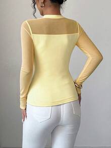 Elenzga Women's Elegant Solid Color Elastic Fitted Sheer Splice Long Sleeve Top, Autumn/Winter - Light Yellow - View 2