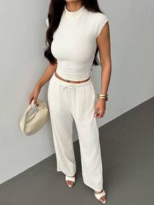 SHEIN PETITE 2件組女款夏季米色純色立領百褶襯衫與長褲套裝，休閒場合舒適上班度假居家服，適合嬌小女性 - 杏色 - 查看 7