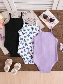 SHEIN 3件組女嬰夏季可愛度假連身衣連身褲 白色黑波點蝴蝶印花 紫色黑色針織舒適 3件組 - 彩色 - 查看 2