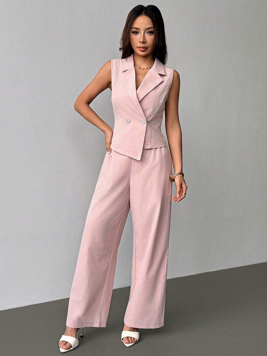 SHEIN PETITE 兩件組秋季女裝 2件/套 素色無袖上衣與長褲,女款上班穿搭、度假穿搭,適合嬌小女性 - 粉色 - 查看 1