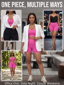 SHEIN Sovereign Charm Conjunto deportivo rosa talla grande para mujer, top sin mangas y shorts, tejido elástico y cómodo para yoga, golf, correr, ciclismo, actividades físicas - Rosa - Ver 8