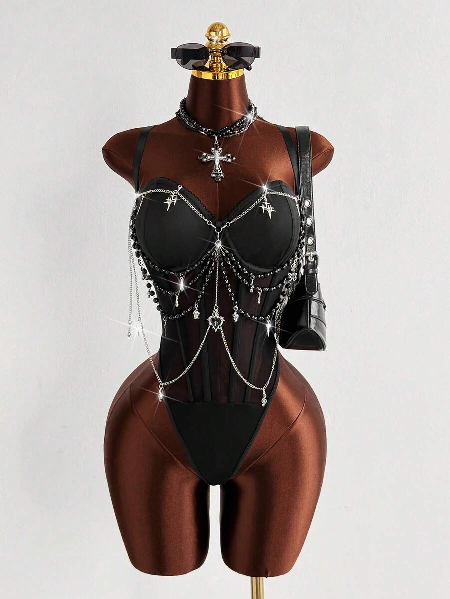Sunspun Plus Size Women's Fitted Sexy Spaghetti Strap Chain Decor Bodysuit, Suitable For Music Festivals, Spring/Summer Wear - Black - View 1
