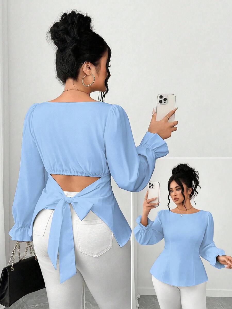 Elenzga Camisa elegante y casual de unicolor con mangas abullonadas y lazo en la espalda para mujer de talla grande, conjunto de verano - Celeste - Ver 1