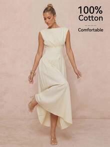 Lumalex Buttercream 100% COTTON White Summer Elegant Tea Party Midi Dress,Boat Neck Soft Cap Sleeves Empire Waist A-Line Open Back Wedding Guest Party Dress - Light Yellow - View 4