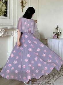 Modelyn Đầm dài họa tiết hoa hồng nhỏ, cổ chữ V, thiết kế bèo nhún ở vai, eo thắt, hai lớp, thích hợp cho kỳ nghỉ hè và mặc hàng ngày, họa tiết hoa oải hương. - Nhiều màu - Xem 2