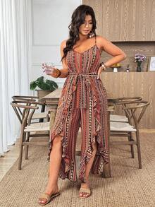 Weeklong Plus Size Women's Printed Spaghetti Strap Ruffle Hem Jumpsuit, Casual Vacation Outfit - Yellow - View 8