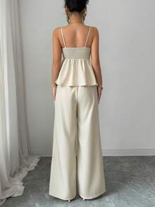 Elenzga Bộ đồ nữ thời trang gồm áo hai dây phối ren và quần ống rộng có túi, trang phục đi nghỉ mát 2 mảnh, bộ đồ hè cho nữ, bộ đồ hè 2 mảnh, phong cách nghỉ hè, bộ đồ đi biển 2 mảnh cho nữ - Màu be - Xem 2