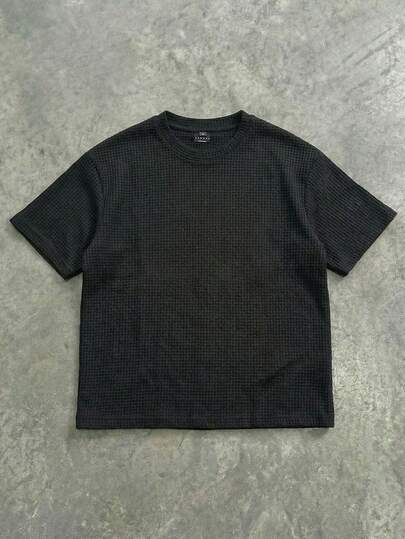 SUMWON Waffle Knit Short Sleeve Crew Neck T-Shirt Black Casual Summer Basic Tee Regular Fit Textured Knitwear Top