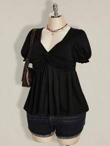 SHEIN ICON 大码女式纯色扭花袖T恤 - 黑色 - 查看 5