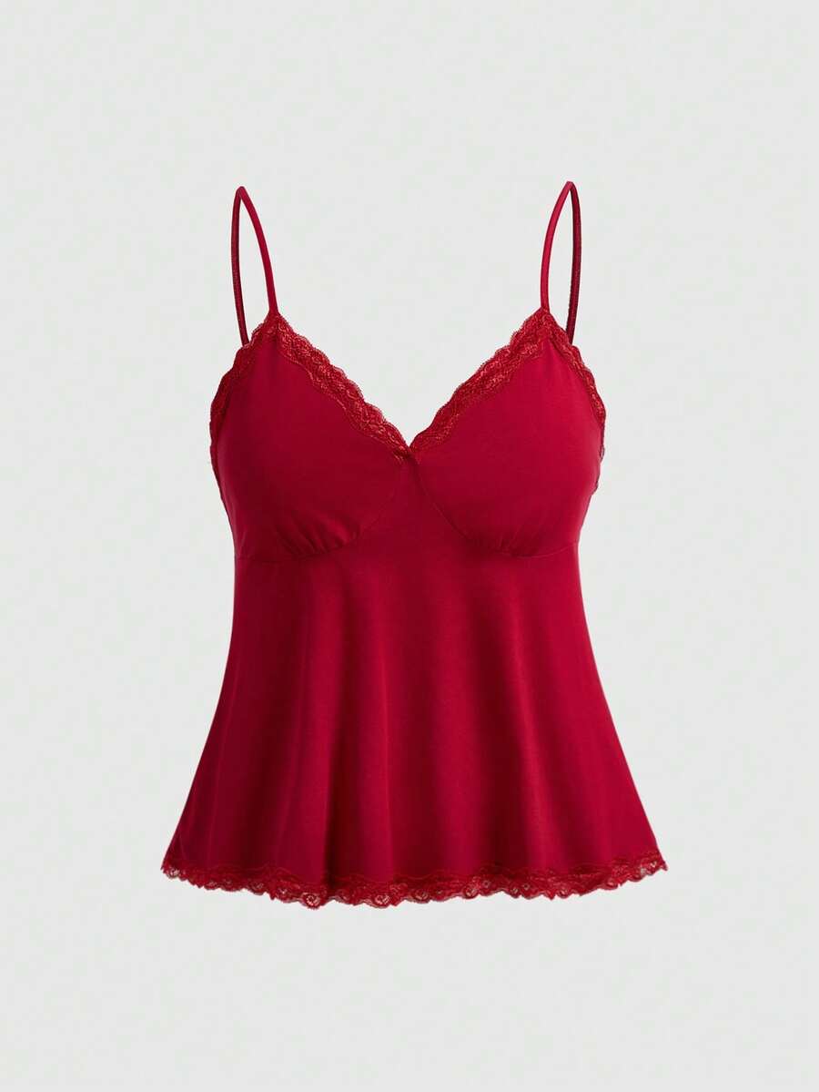 ROMWE Fairycore Spring/SummerPlus Size Women Solid Color Fashion Spaghetti Strap Lace Camisole Valentine's Day - Red - View 1