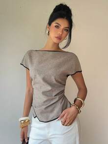 Siren Gaze Women's New Fashion Commuter Style Waist Ruched Asymmetric Hem Short Sleeve Pullover Blouse, Elegant Ladies Shirt Ruched Waist Top,Summer Top - Apricot - View 4