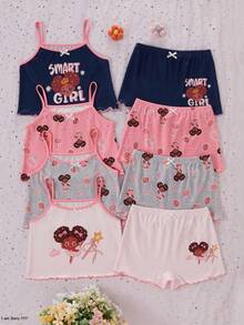 Bộ 8 món tối giản thời trang in hình dễ thương dành cho bé gái, gồm áo hai dây và quần lót. - Nhiều màu - Xem 1