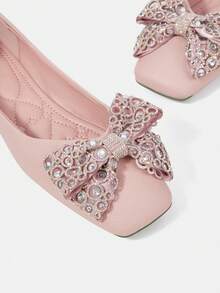 CUCCOO HITCHD Giày bệt mũi vuông, cổ thấp, nơ, đế mềm, da mềm, thời trang, đa năng, thoải mái, thanh lịch, màu hồng. - Hồng - Xem 4