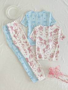 SHEIN 春夏柔软舒适女童四件套，时尚甜美蝴蝶结独角兽印花紧身休闲短袖上衣和裤子家居服 - 彩色 - 查看 2