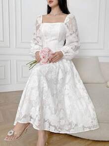 Feyla Women Square Neck Long Sleeve Floral Jacquard Elegant Mid-Length Dress - White - View 1