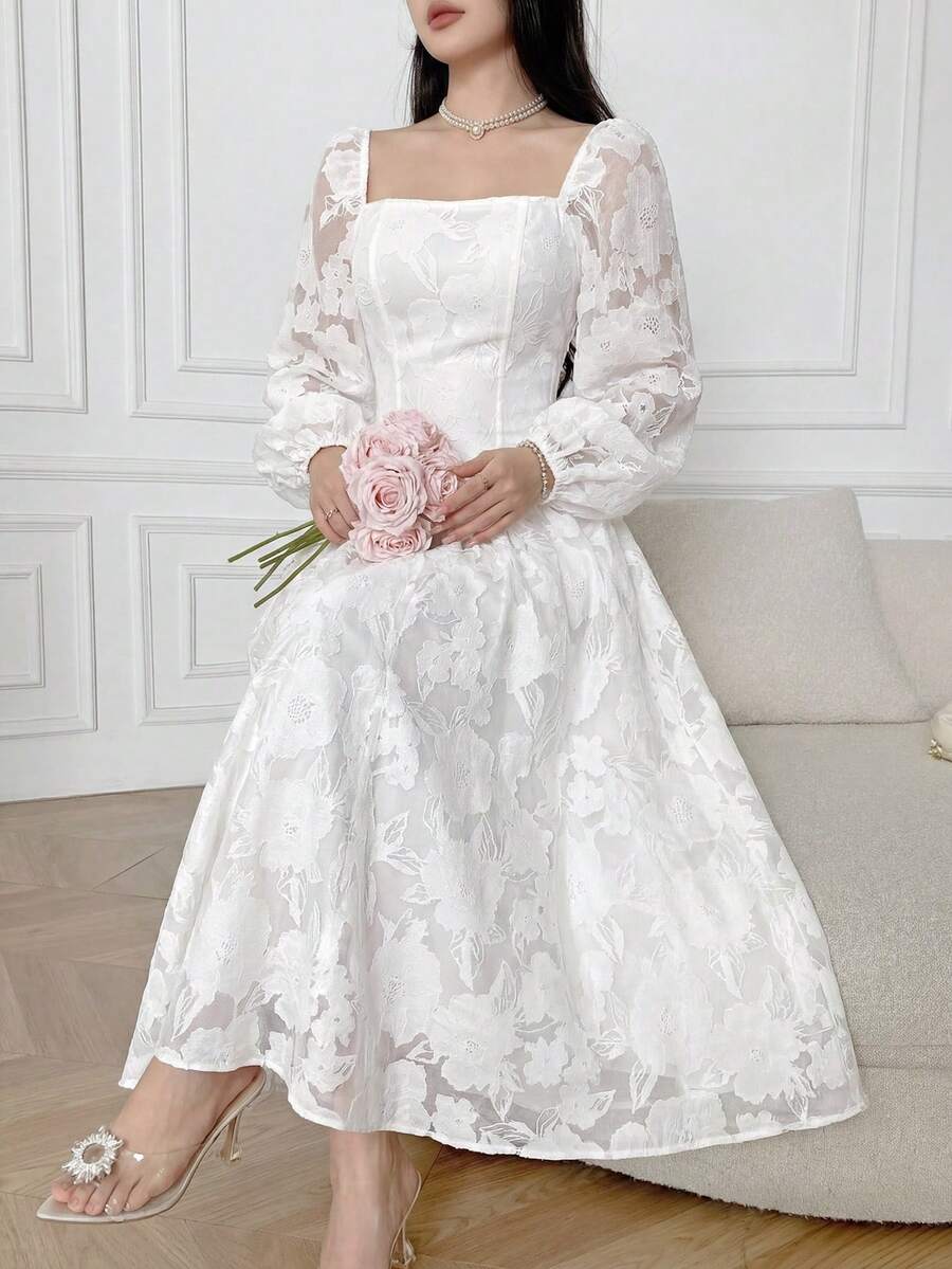 Feyla Women Square Neck Long Sleeve Floral Jacquard Elegant Mid-Length Dress - White - View 1