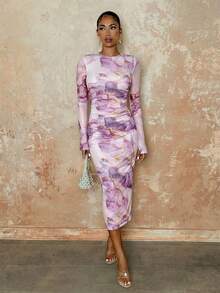 SHEIN BAE Women's Elegant Marble Print Draped Long Sleeve Fitted Dress, Autumn,Pastel Dresses For Women - Mauve Purple - View 4
