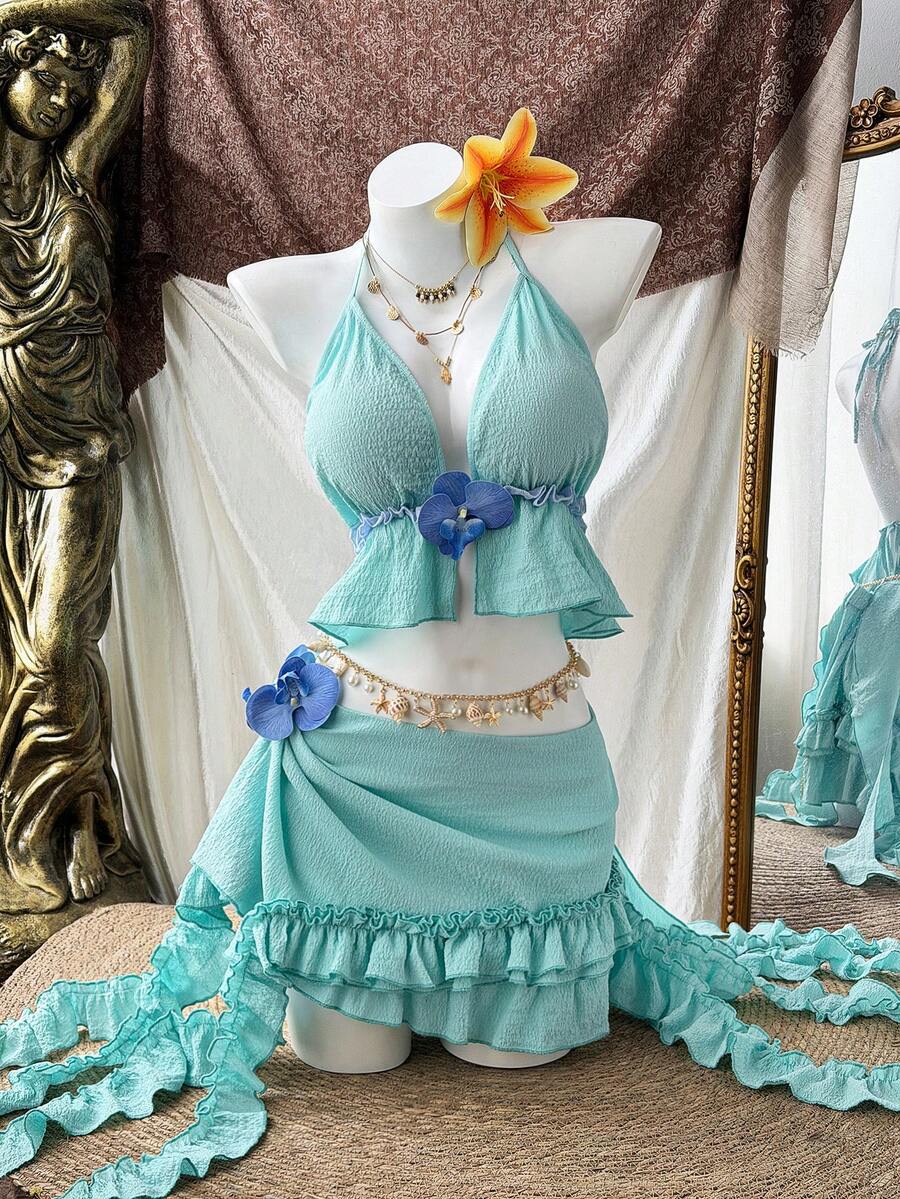 Sweetra Bộ 2 món: Áo hai dây và chân váy xếp ly bất đối xứng, thích hợp mặc đi biển. - màu xanh lá - Xem 1