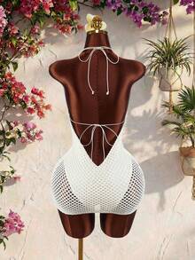Amplova Đầm mini xuyên thấu kiểu Boho cổ thấp dây mảnh mới năm 2026 dành cho nữ - Màu be - Xem 2
