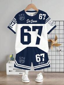 SHEIN Bộ 2 món đồ cho bé trai, kiểu dáng tối giản, gồm áo thun cổ tròn tay ngắn và quần short, thích hợp cho mùa hè. - Nhiều màu - Xem 3