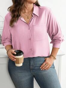 Vionelle Plus Size Solid Color Front Button Pocket Casual Long Sleeve Shirt - Baby Pink - View 1