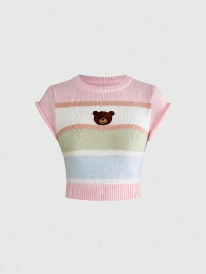 ROMWE Kawaii Áo thun dệt kim ngắn tay kẻ sọc thêu hình đầu gấu dễ thương, kiểu dáng ôm sát khoe eo dành cho nữ.