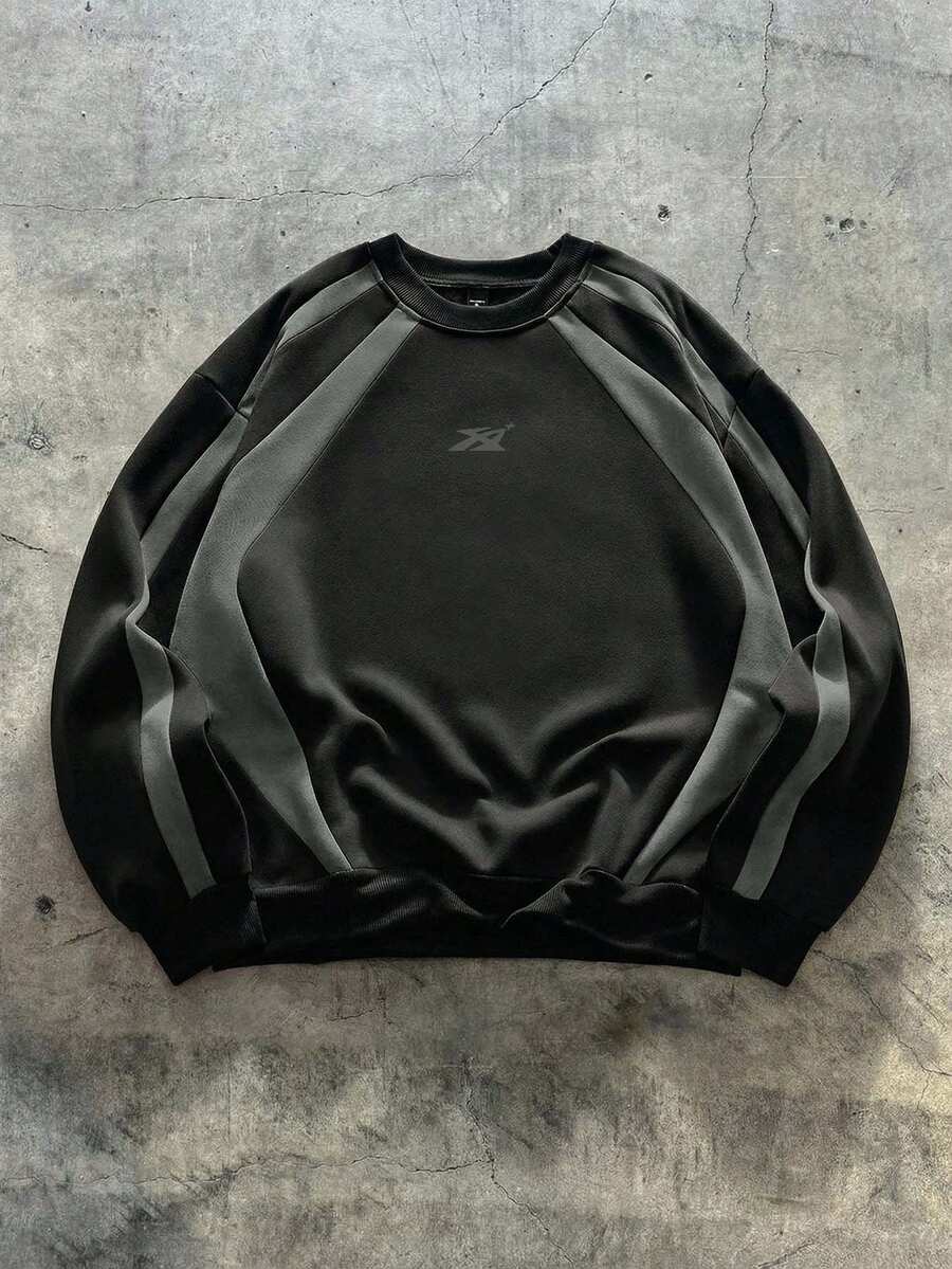 AXEPEAK Sudadera holgada casual para hombre, estampado gráfico en color marrón con parches y contraste, adecuada para primavera y otoño - Negro - Ver 1