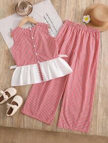 SHEIN 2pcs/Set Tween Girls Sleeveless Shirt With Bow Buttons & Plaid Patchwork + Long Pants, Spring/Summer - Red - View 2