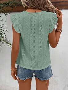 SHEIN Frenchy Eyelet Embroidery Ruffle Trim Round Neck Lace Trimmed Tee - Green - View 2