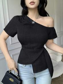 优雅系结肩领设计休闲修身女式衬衫 - 黑色 - 查看 6