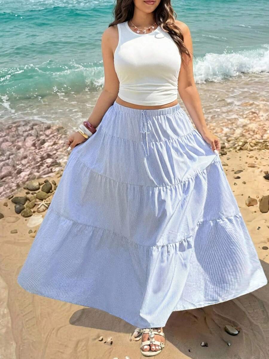 GalTyme 大码条纹短袖圆领宽松休闲夏季两件套，休闲、优雅，适合度假、工作、办公室早午餐，舒适百搭，适合音乐会、俱乐部等场合，时尚百搭，适合秋冬夏季日常穿着，也适合通勤、约会、派对、婚礼、海滩、毕业典礼等场合，时尚、优雅、休闲、外出、约会、预约、通勤、闪耀、情人节、休闲、Y2K、乡村风格，女士度假套装，半身裙和上衣套装，女士夏季套装 - 藍白色 - 查看 1