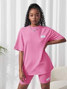 SHEIN 2pcs/Set Teen Girl Knitted Solid Color T-Shirt And Shorts Set - Hot Pink - View 4