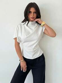 100% Cotton Crinkle Collar Asymmetrical Sleeve Side Ruched Waist Slim Fit White Blouse For Women, All Season - White - View 4