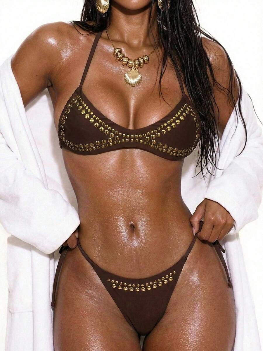 Oceva 女士泳衣套装，金色波点棕色性感比基尼，休闲沙滩度假款 - 棕色 - 查看 1
