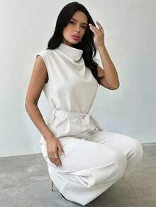 Firerie Women's White 2-Piece Set, Elegant Summer Office Turtleneck Cap Sleeve Shirt Elastic Waist Wide Leg Pants Set, Commuter Business Work Outfits - White - View 7