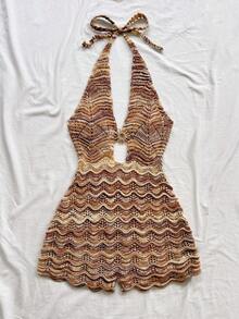 Mono de mujer con textura de ganchillo, espalda descubierta, cuello halter y escote en V, para vacaciones en la playa - Gris - Ver 5