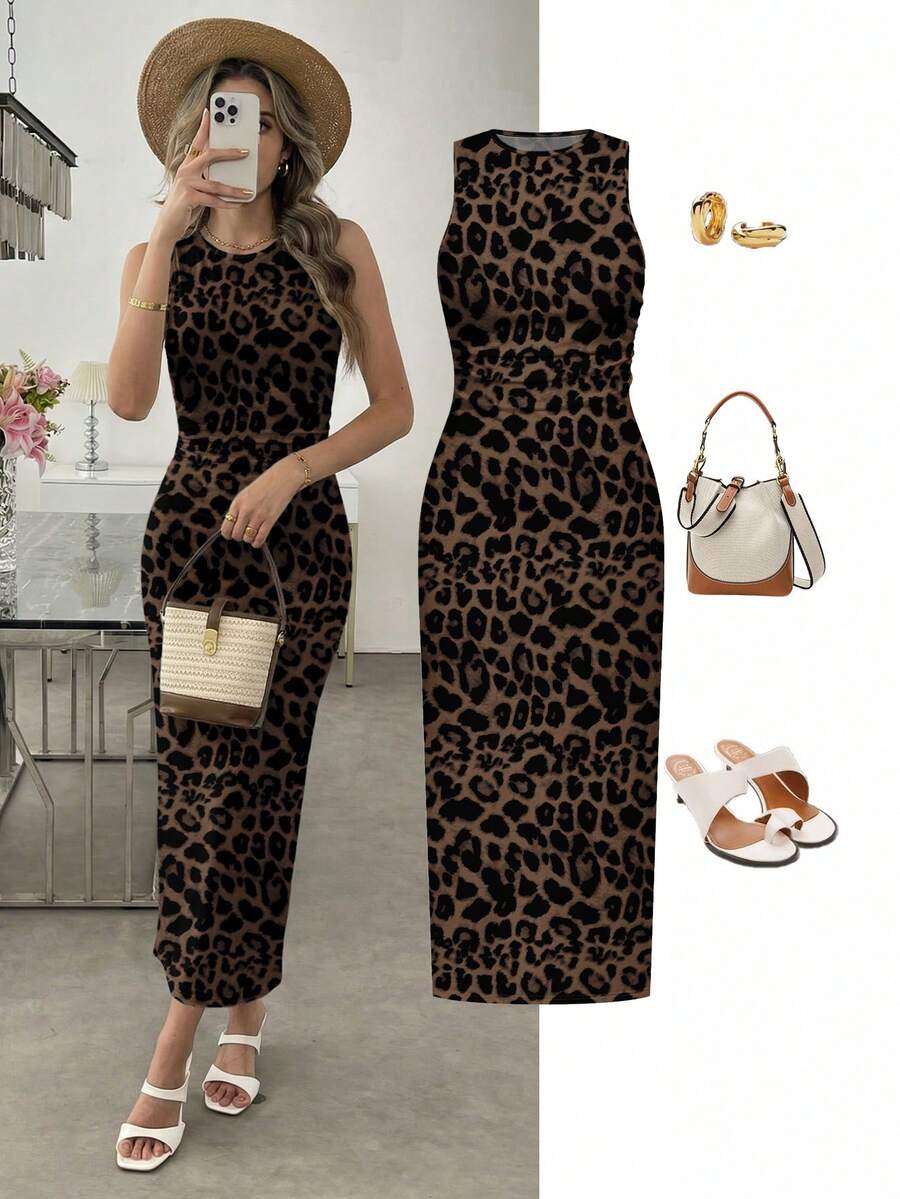SHEIN LUNE Đầm dệt kim ôm sát gợi cảm, tối giản, họa tiết da báo, thích hợp cho kỳ nghỉ hè và trang phục đi biển. - Nhiều màu - Xem 1