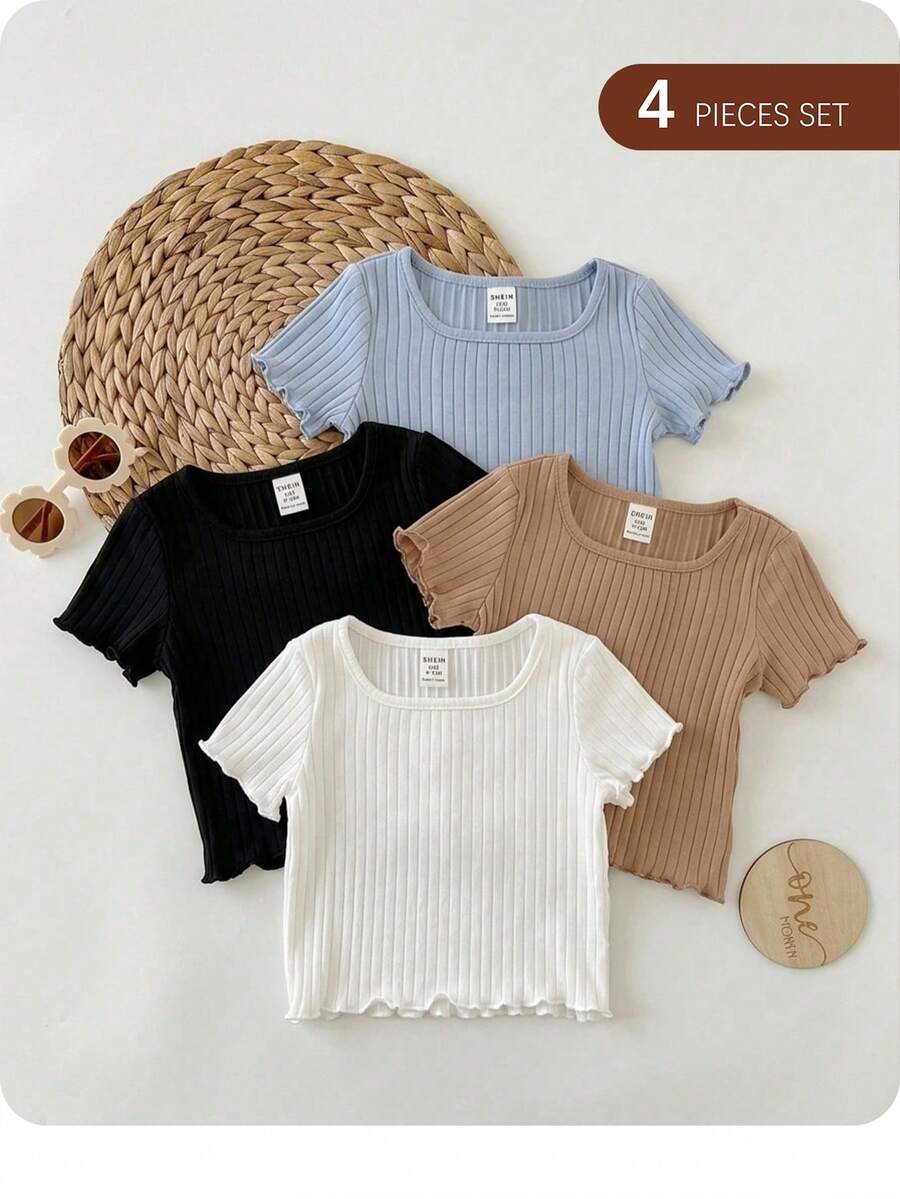 SHEIN LMoss Kids 4pcs/Set Casual Simple Solid Color Ribbed Frill Trim Short Sleeve Tops For Baby Girls - Black and White - View 1