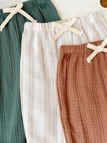 SHEIN 3 piezas Pantalones de crepé a rayas casuales para niño/niña, aptos para verano, primavera, otoño, paquete básico - Multicolor - Ver 4